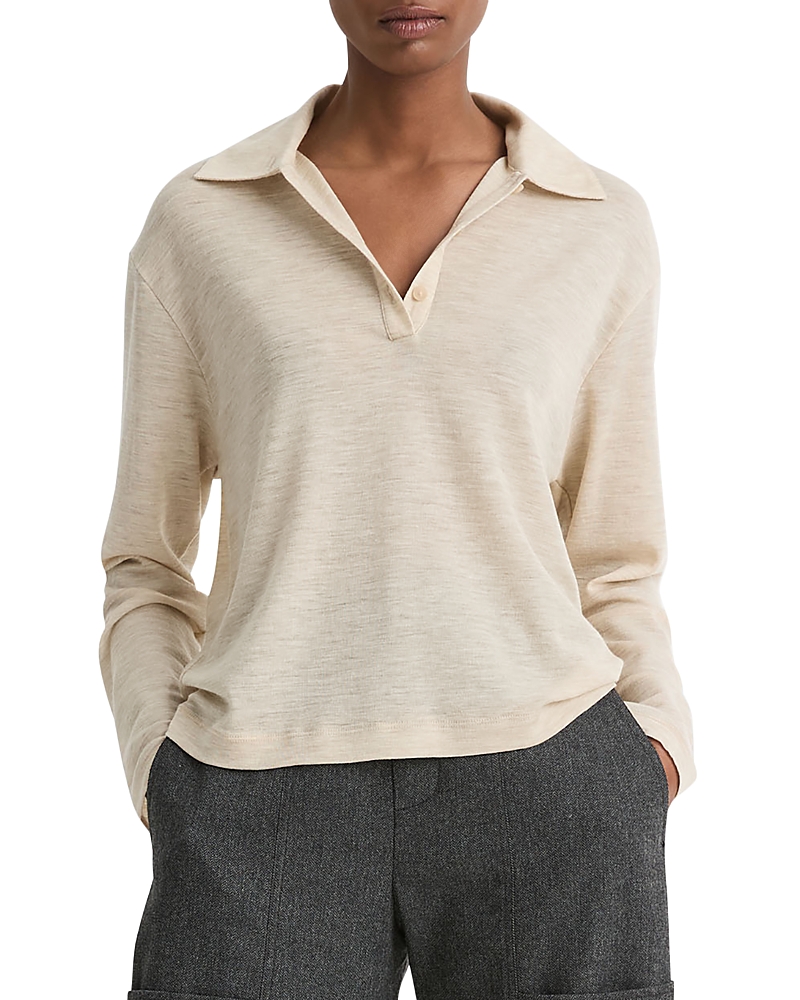 Vince Wool Long Sleeve Polo Top In Light Heather Ecru