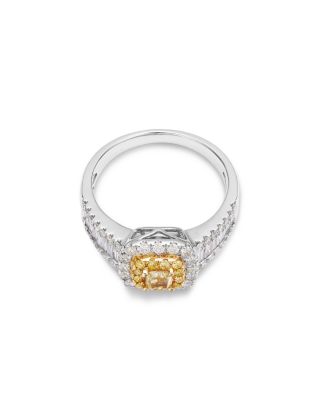 White & Yellow Diamond Cushion & Round Halo Ring in 14K Yellow & White Gold, 1.3 tcw 