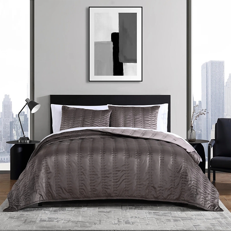 Vera Wang Velvet Linear Stitch 3 Piece Quilt Set, King In Brown