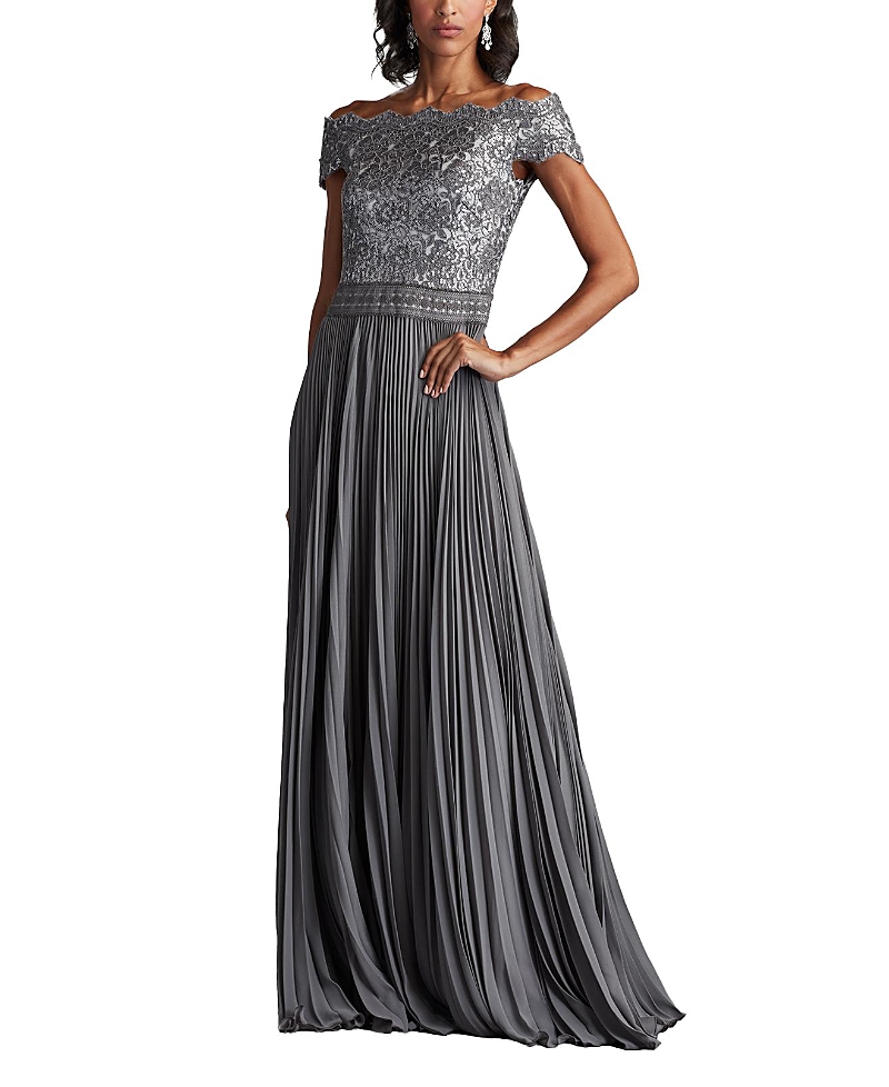 Tadashi Shoji Women's Sequin Corded Lace Pleated Chiffon Gown In Gray