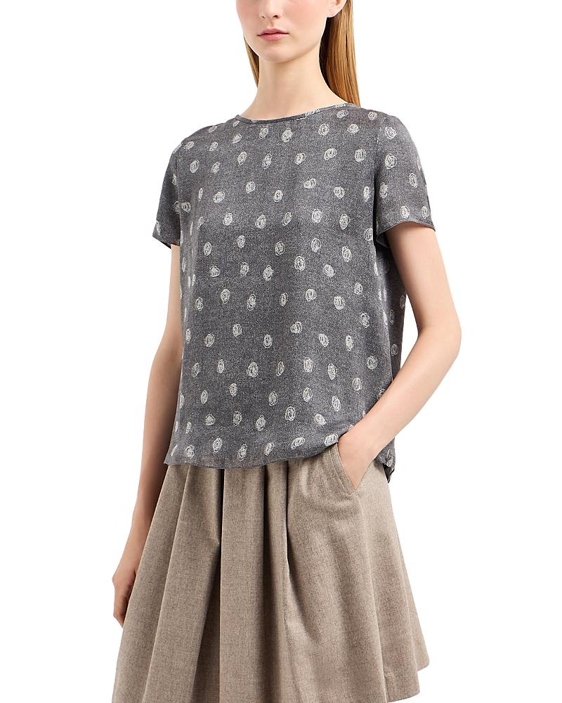 Emporio Armani Silk Chiffon Short Sleeve Top In Grey Melange
