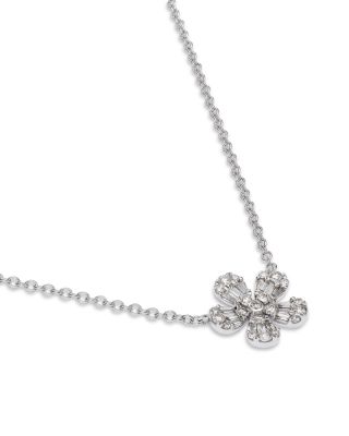 14K White Gold Diamond Flower Pendant Necklace, 18"
