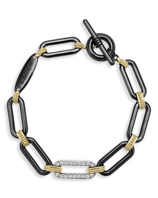 LAGOS - 18K Yellow Gold & Black Ceramic Diamond Station Link Bracelet
