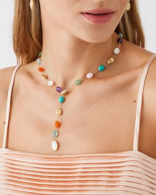 18K Yellow Gold Siviglia Multi Stone & Diamond Textured Bead Lariat Necklace, 18" - Exclusive, Italy Campaign