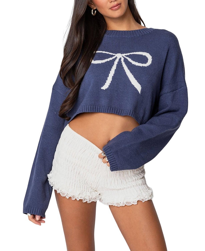 Edikted Bow Crop Sweater In Navy