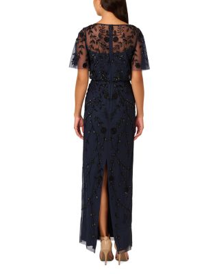 Beaded Mesh Blouson Column Gown