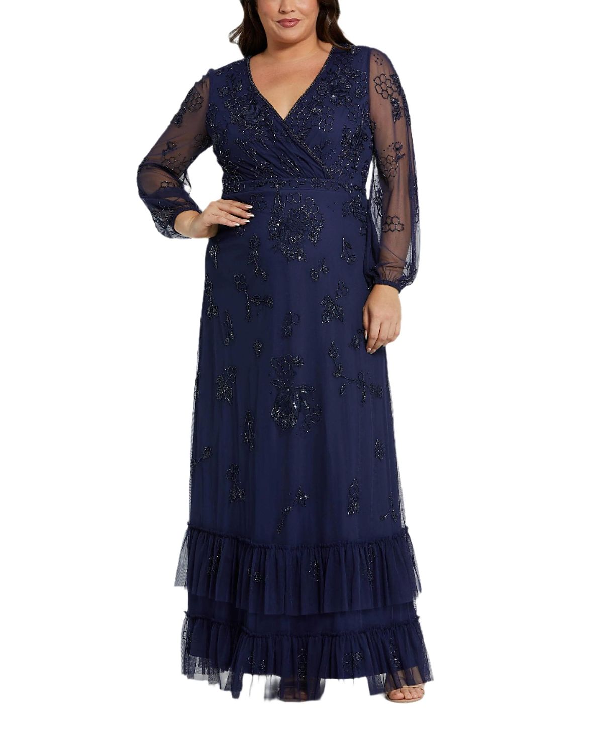 Mac Duggal Plus Puff Sleeve V-Neck Tiered Embellished Gown