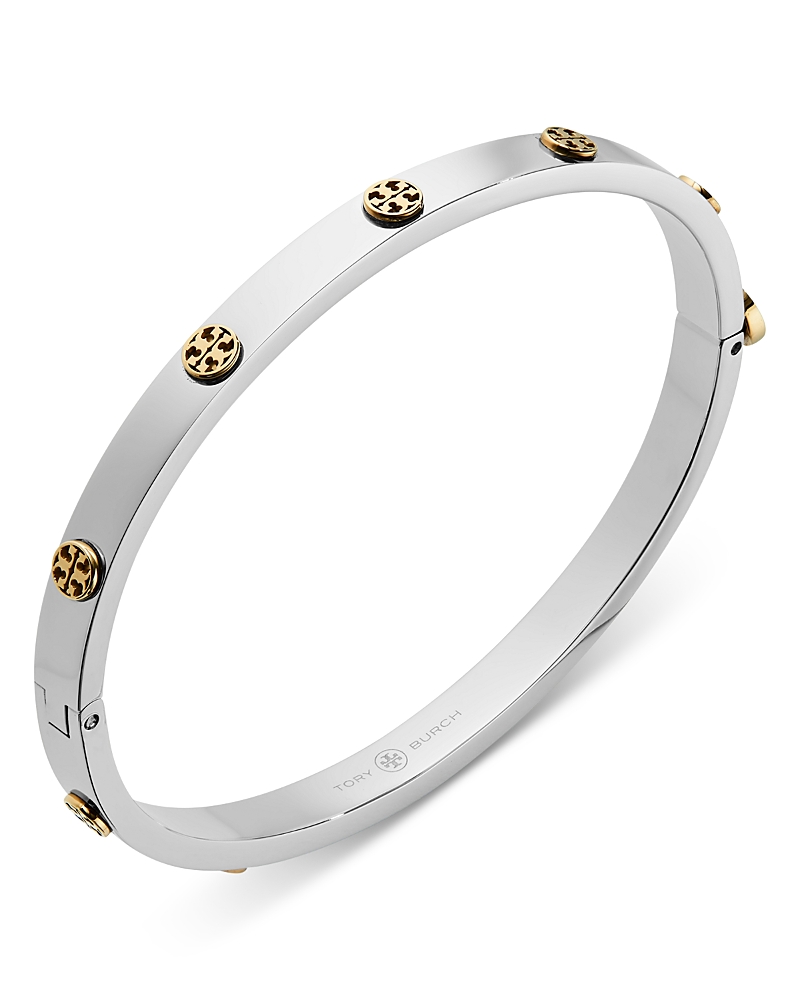 Tory Burch Miller Logo Studded Bangle Bracelet In Silver