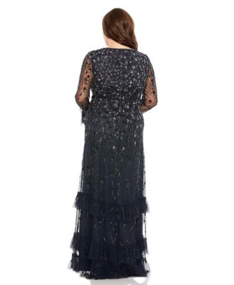  Plus V- Neck Embellished Long Flutter Sleeve Gown