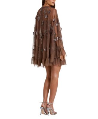 Embellished Long Flare Sleeve Mesh A-Line Dress