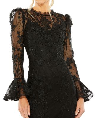 Ruffle Wrist Embellished High Neck Midi Dress