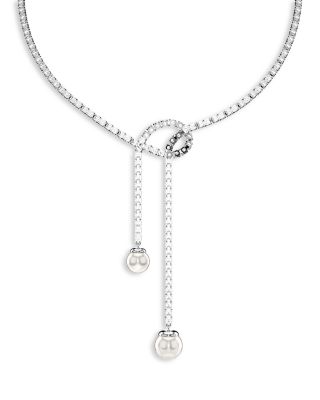 Matrix Crystal & Imitation Pearl Lariat Necklace in Rhodium Plated, 14.12"-16.12"