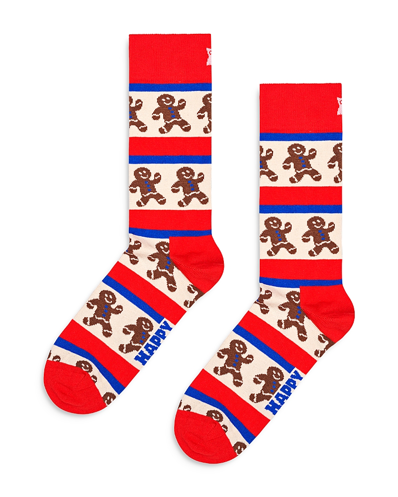 Happy Socks Gingerbread Stripe Cotton Blend Crew Socks In Red