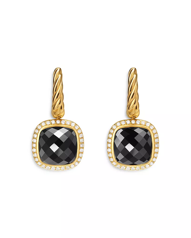 David Yurman Albion Drop Earrings in 18K Yellow Gold with Black Onyx and Diamonds, 10mm
