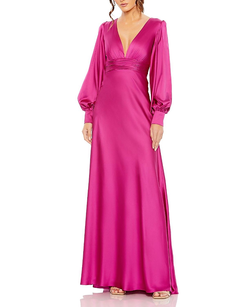 Mac Duggal Charmeuse Bishop Sleeve V Neck Gown In Magenta