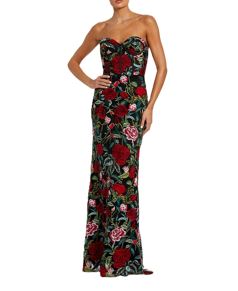 Mac Duggal Sheer Bustier Top Floral Applique Gown