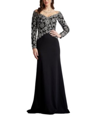 Tadashi Shoji Mayur Off Shoulder Embroidered Bodice Gown