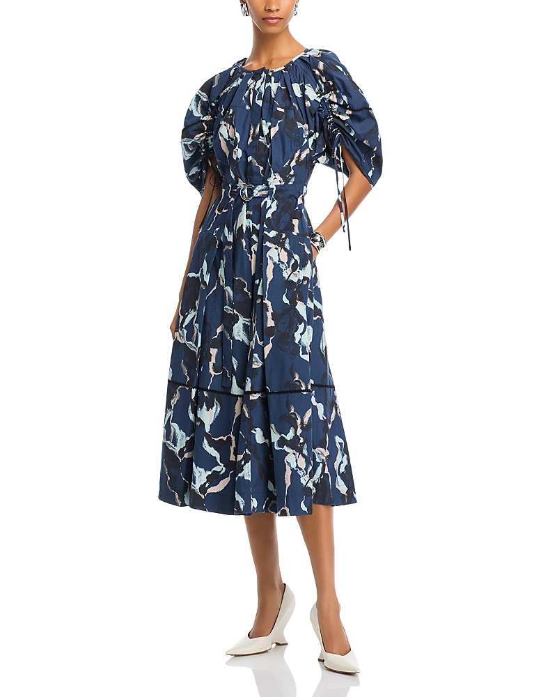 3.1 Phillip Lim Shirred Belted Midi Dress In Navy Multi