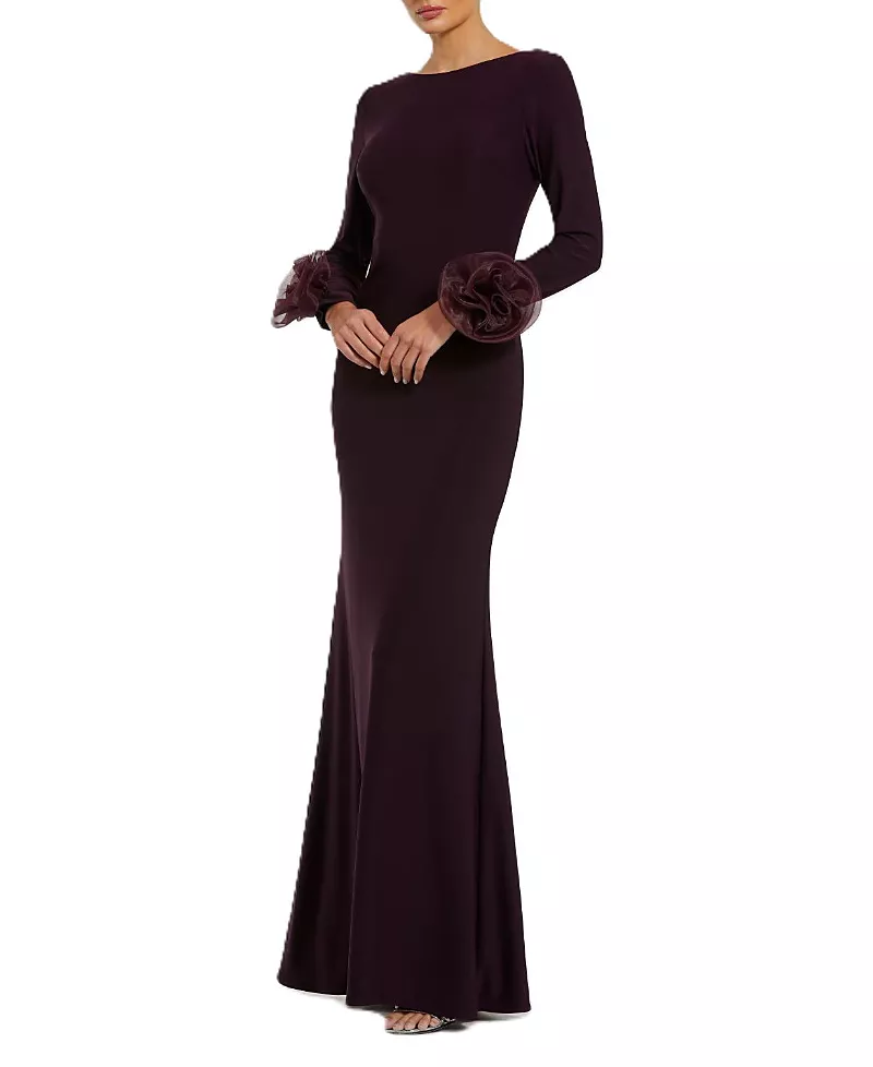 Mac Duggal Long Sleeve Fitted Jersey With 3D Flowers Gown