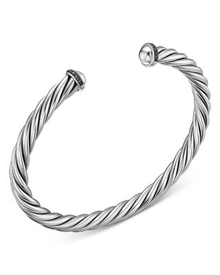 Men&#39;s Cable Cuff Bracelet in Sterling Silver with Pav&amp;eacute; Black Diamonds, 6mm