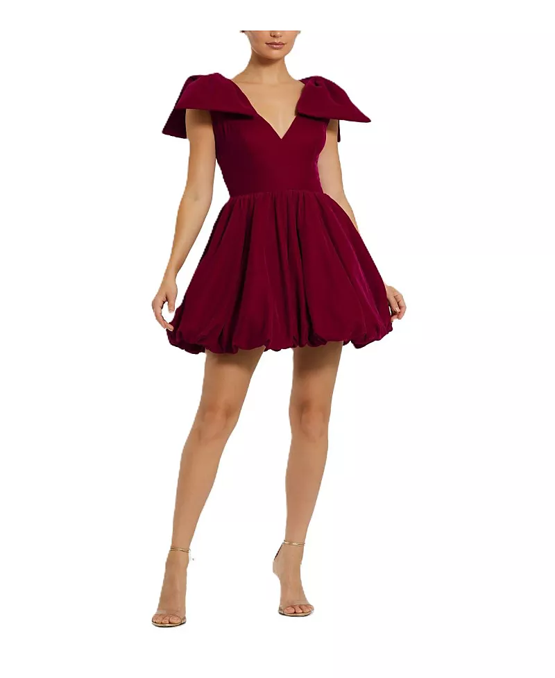 Mac Duggal Shoulder Bow Velvet Bubble Mini Dress