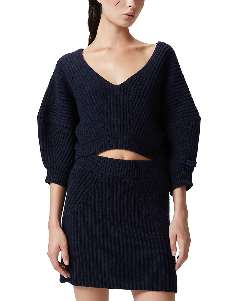 Shop Pinko Manx Wool Cashmere Ribbed Sweater In Dark Navy Blue
