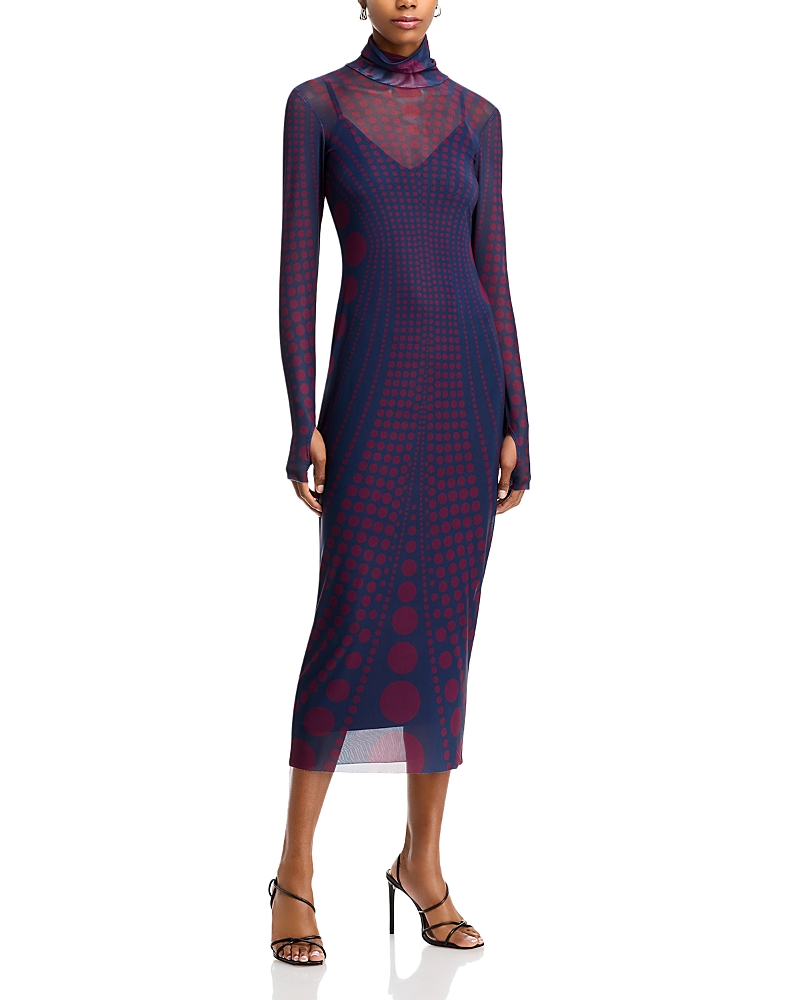 Afrm Shailene Long Sleeve Turtleneck Mesh Dress In Navy Illusion