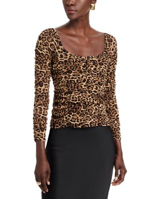 AQUA - Animal Print Ruched Mesh Long Sleeve Top - Exclusive