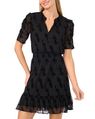 CeCe - Flocked Mesh Puff Shoulder Dress