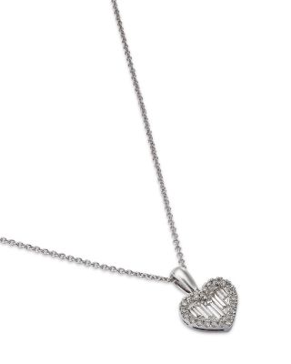 Diamond Baguette & Round Cut Heart Halo Pendant Necklace in 14K White Gold, 0.33 tcw