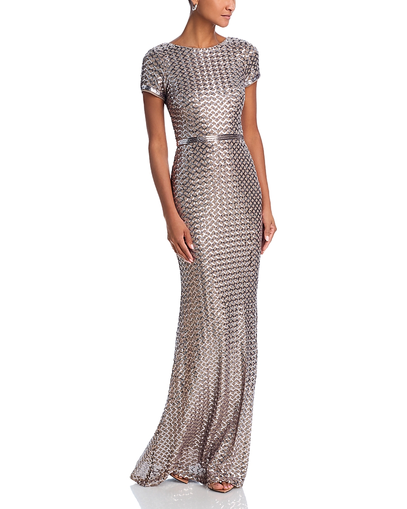 AQUA BELTED SEQUIN GOWN - EXCLUSIVE A20430