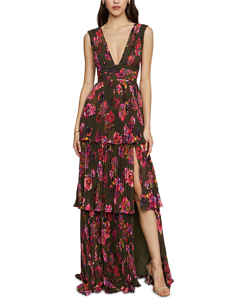 Amur Fluer Deep V Pleated Gown In Earthy Garden