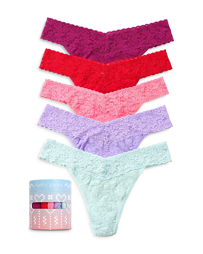 Hanky Panky Original Lace Signature Lace Thong 5-pack In Pink/strawberry/peachfizz/hyacinth/cryst