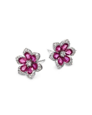 Ruby & Diamond Flower Stud Earrings 14K White Gold