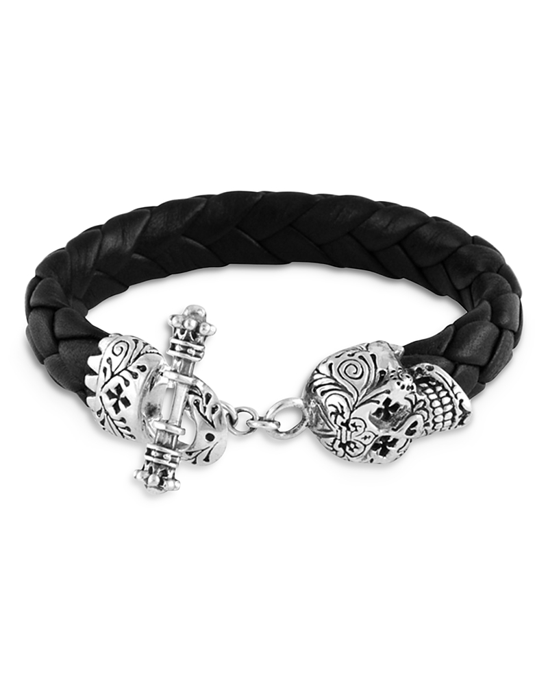 KING BABY STUDIO MEN'S STERLING SILVER SUGAR SKULL WOVEN LEATHER BRACELET