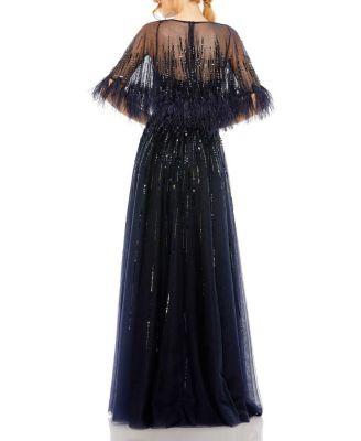 Embellished A Line Dress with Feather Detail Cape