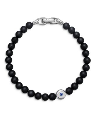 Men's Spiritual Beads Evil Eye Bracelet in Sterling Silver with Black Onyx and Sapphire, 6mm