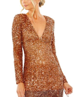 V Neck Long Sleeve Sequin Dress with Fringe Detail