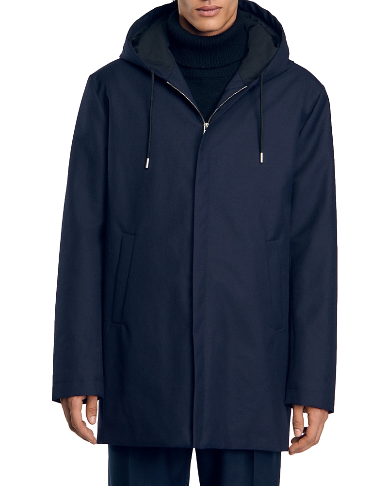 Sandro Hooded Parka With Zip In Navy Blue
