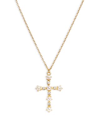 Argento Vivo Cubic Zirconia & Freshwater Pearl Cross Pendant Necklace in 18K Gold Plated Sterling Silver, 16-18