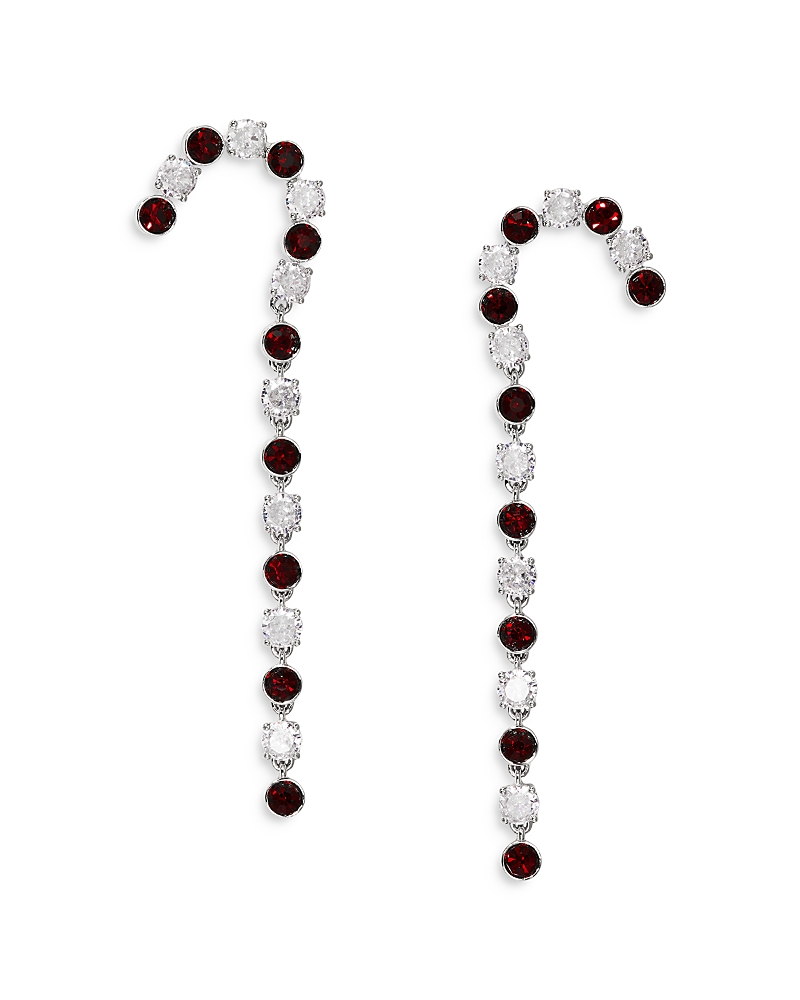 Shop Nadri Holi-daze Cubic Zirconia & Color Crystal Candy Cane Linear Drop Earrings In Rhodium Plated In Red/silver