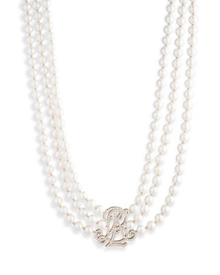 Ralph Lauren - Pav&eacute; Logo Imitation Pearl Beaded Multi Row Statement Necklace in Gold Tone, 17"