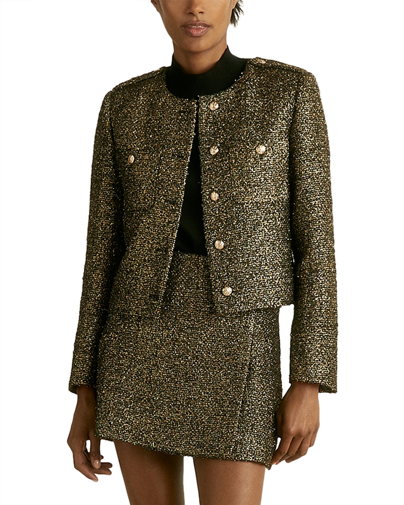 Reiss Wynee Cropped Metallic Tweed Jacket In Gold