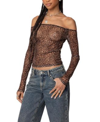Leopard Sheer Mesh Off Shoulder Top