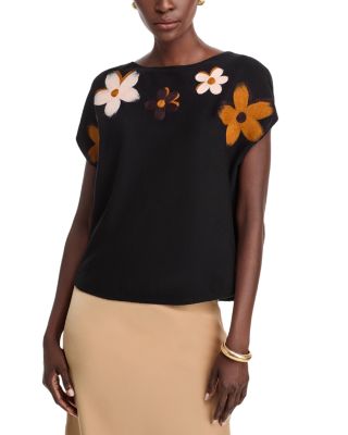 Sioni - Short Sleeved Flower Embroidery Boat Neck Sweater