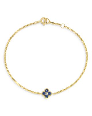 Sapphire & Diamond Bezel Clover Adjustable Chain Bracelet in 14K Yellow Gold