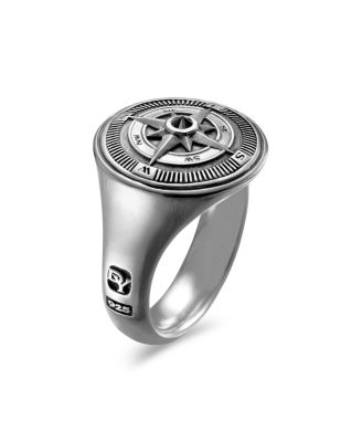 Men's Sterling Silver Maritime Compass Signet Ring with Black Diamond