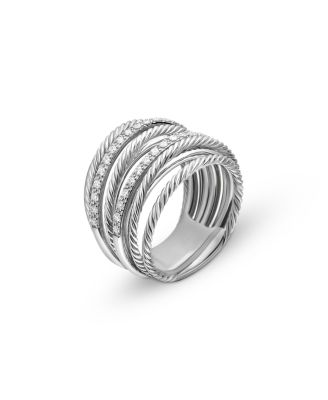 Sterling Silver Crossover Wide Ring with Diamonds, 8