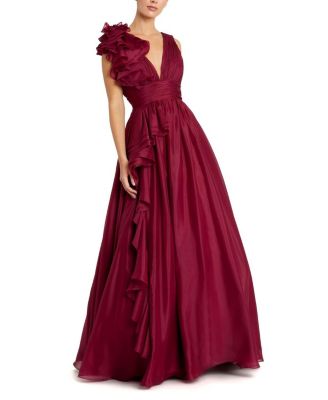 Mac Duggal - Ruffle Shoulder V-Neck Chiffon Gown