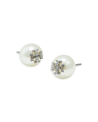 Kira Pavé Double T Imitation Pearl Stud Earrings in Silver Tone  